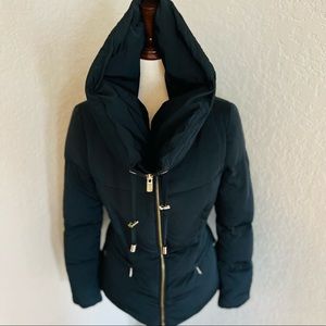 Zara Duck Down Full Zip Quilted Jacket/Coat, Hidden Rain Hood, Black, Size Small